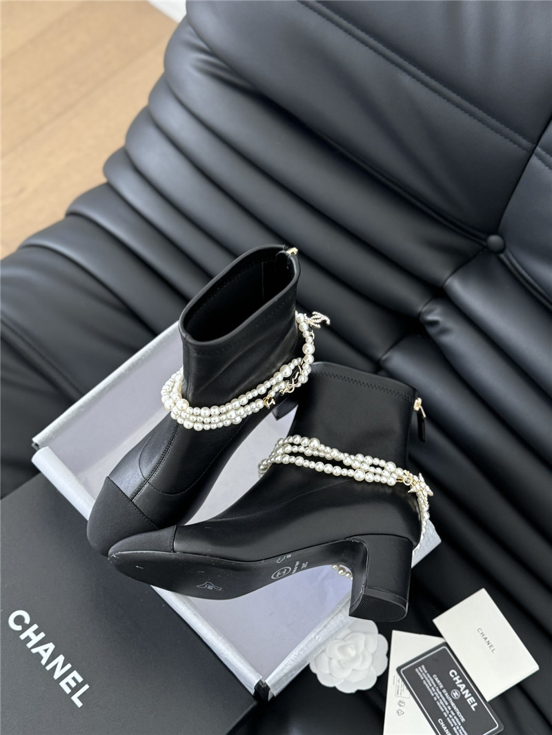 Ch**el black calfskin pearl ankle boots