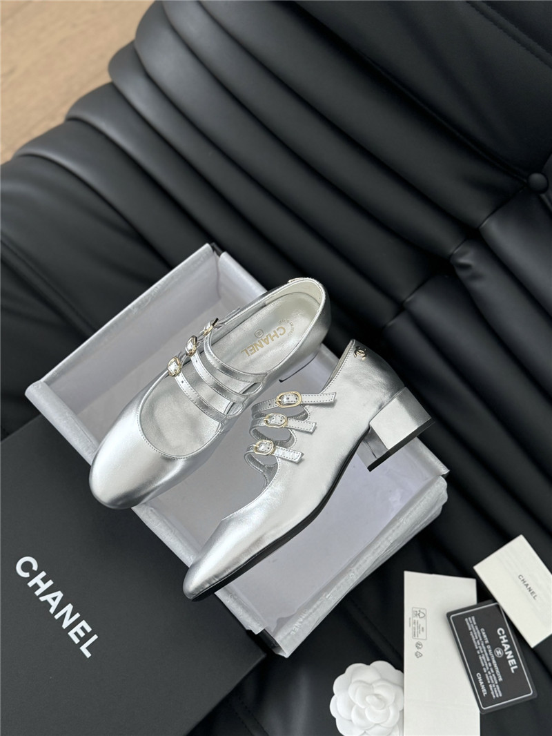 Ch**el silver calfskin 3-strap mary jane shoes