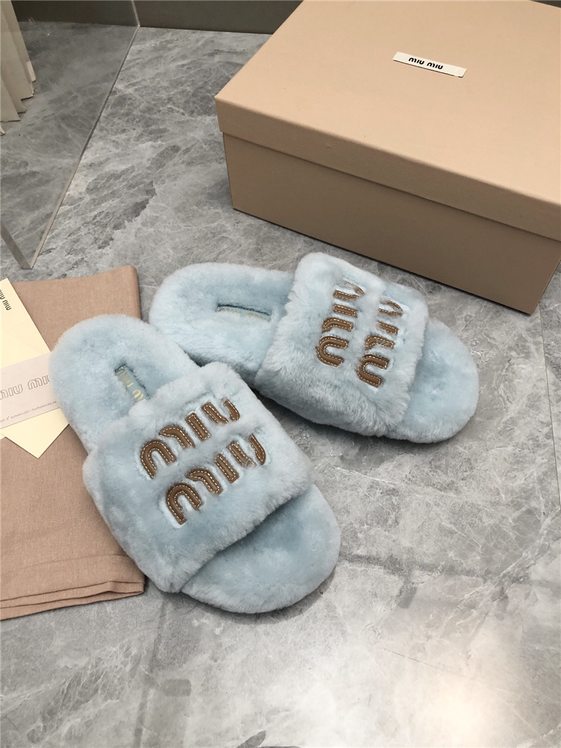 Miu Miu Lettering Logo Shearling Slides Blue