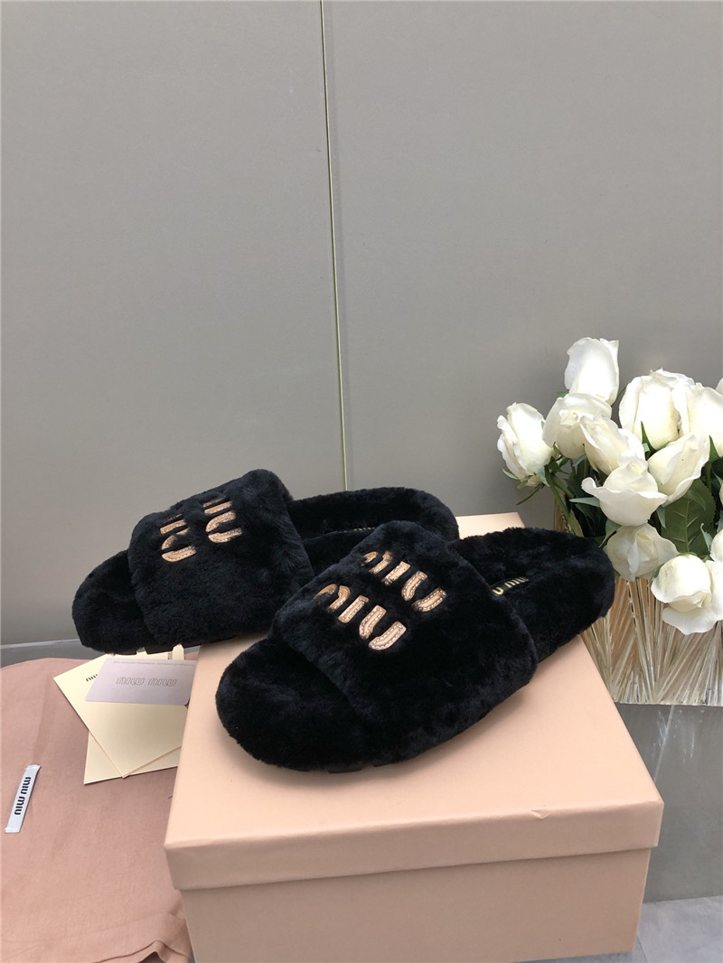 Miu Miu Lettering Logo Shearling Slides Black