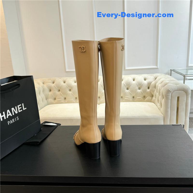 Ch**el beige calfskin chunky knee-high boots