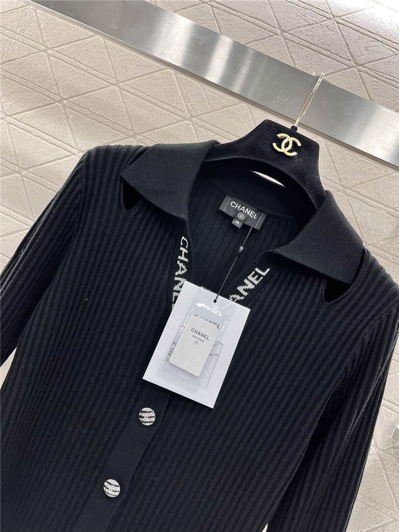 Ch**el logo-intarsia ribbed polo cardigan black
