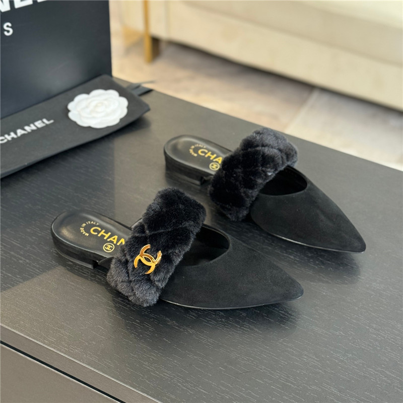 Ch**el fur strap pointed flat mule black suede