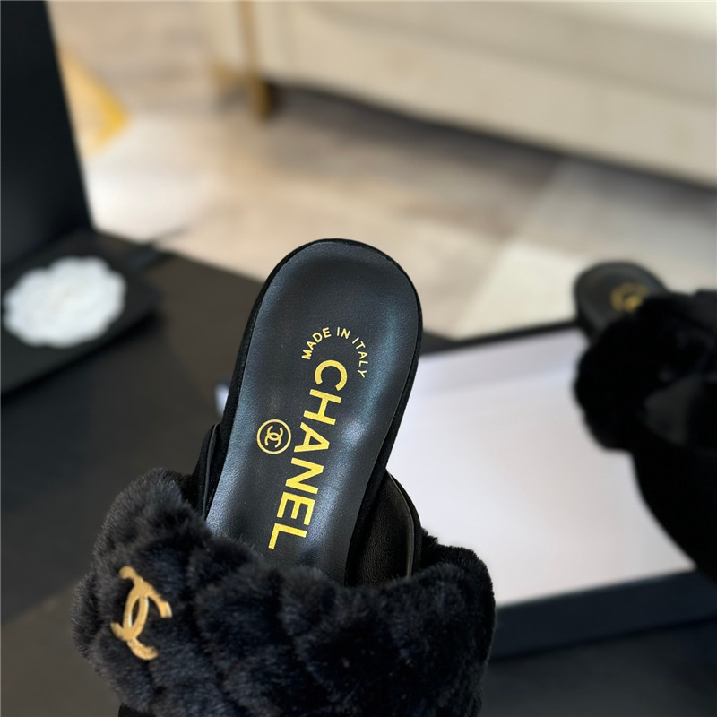 Ch**el fur strap pointed flat mule black suede