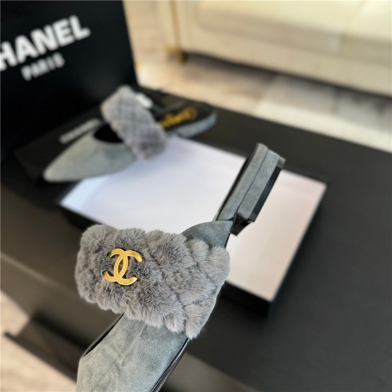 Ch**el fur strap pointed flat mule grey suede