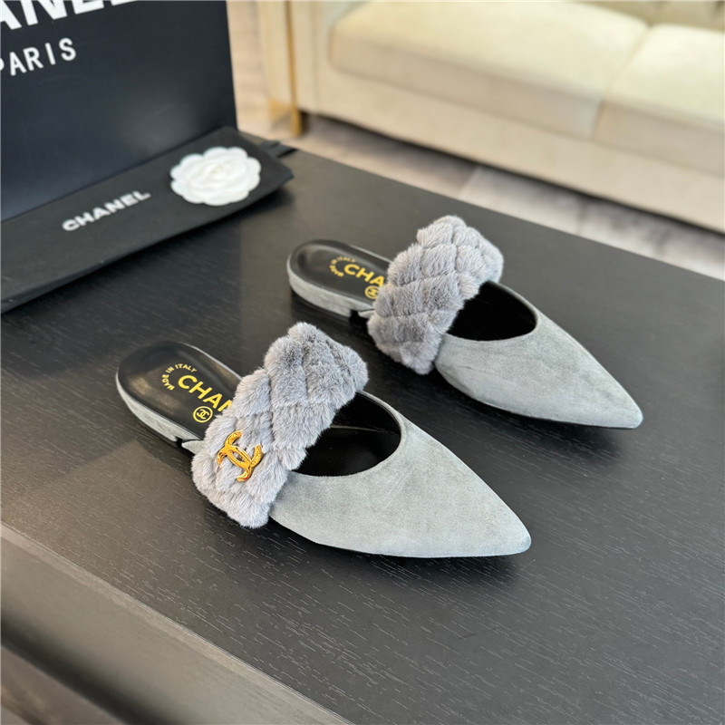 Ch**el fur strap pointed flat mule grey suede