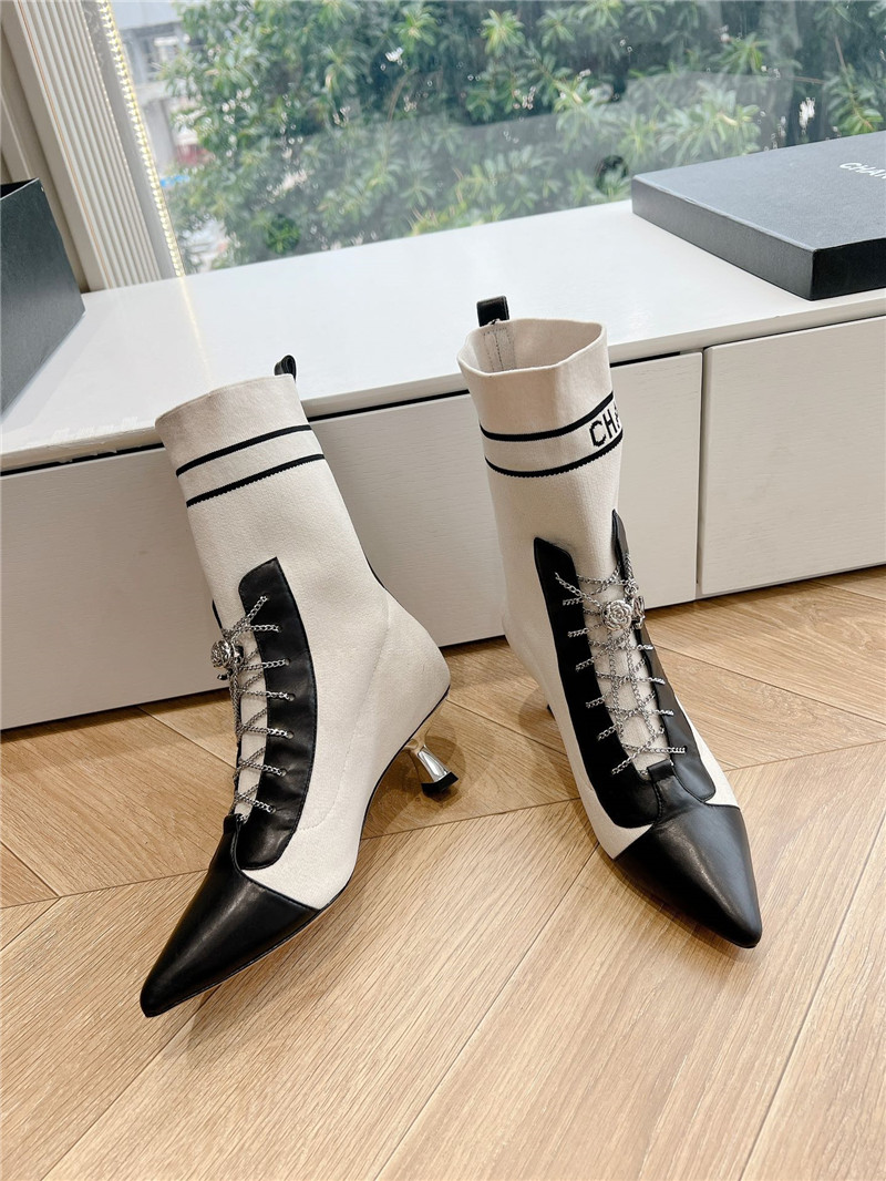 Ch**el white calfskin knit lace-up ankle boots