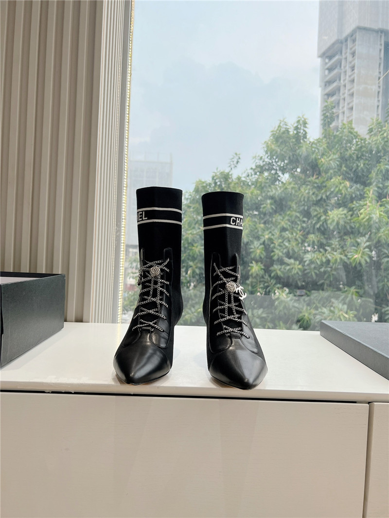 Ch**el pointed toe calfskin knit lace-up ankle boots