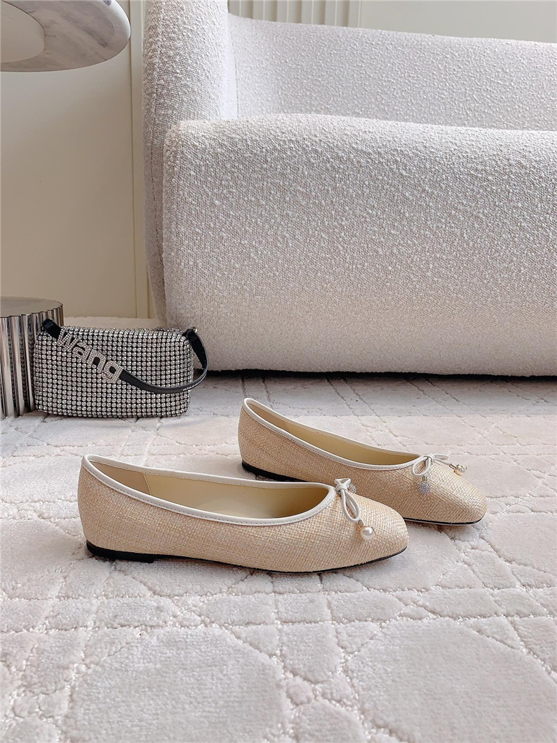 J1m*y Ch00 elme flats in beige canvas & latte raffia
