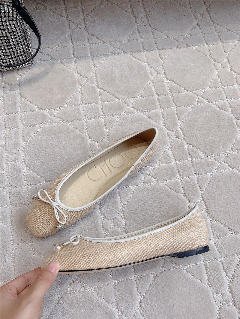 J1m*y Ch00 elme flats in beige canvas & latte raffia