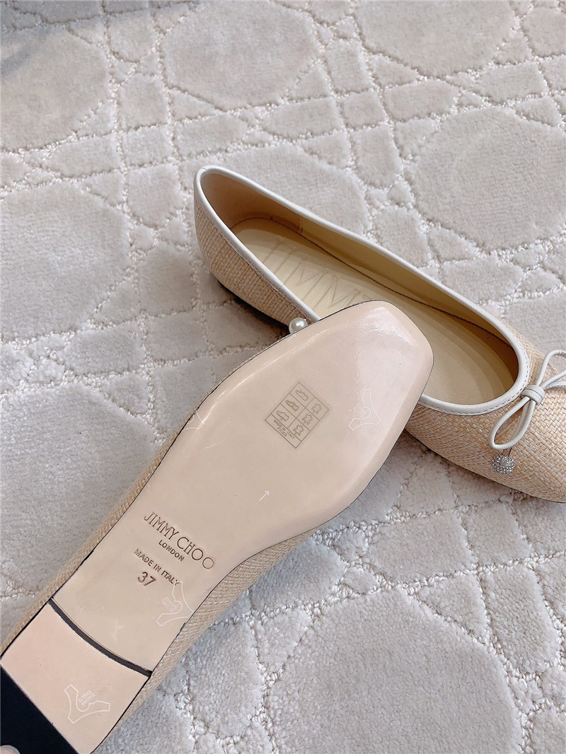 J1m*y Ch00 elme flats in beige canvas & latte raffia