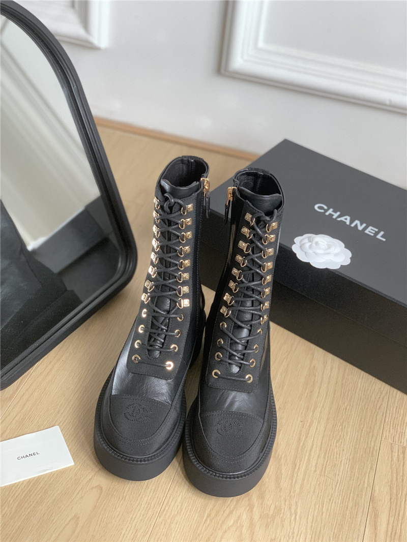 Ch**el nylon suede patent calfskin lace-up boots