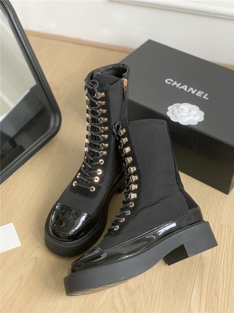 Ch**el nylon suede patent calfskin lace-up boots