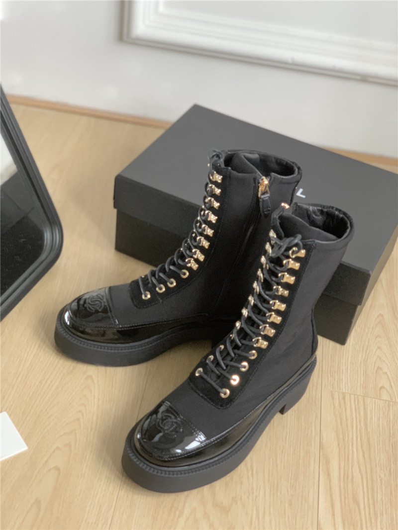 Ch**el nylon suede patent calfskin lace-up boots