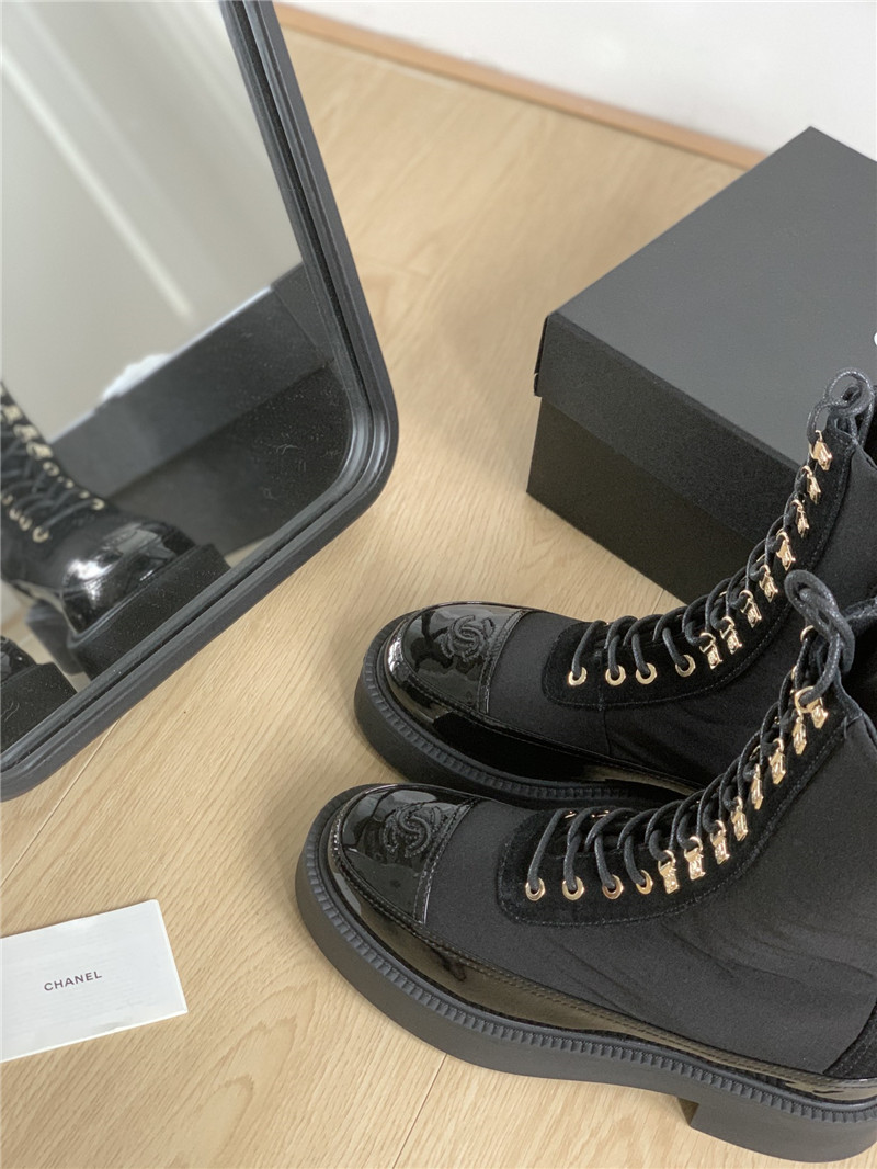 Ch**el nylon suede patent calfskin lace-up boots