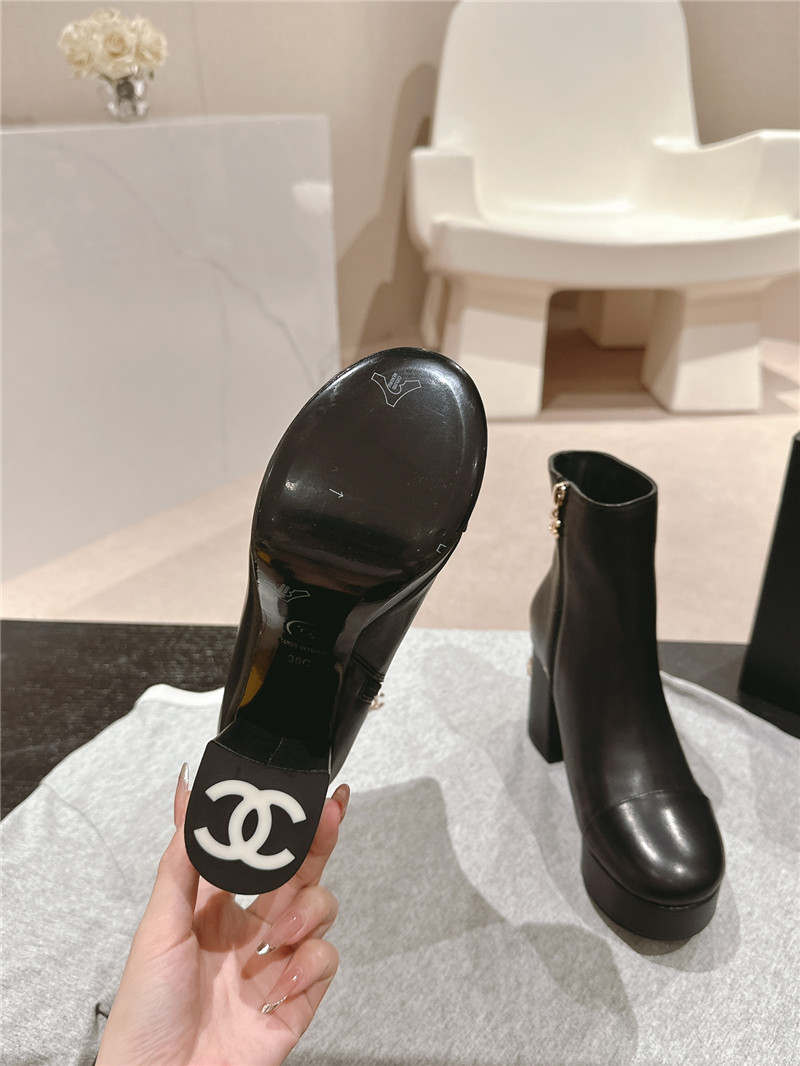 Ch**el platform calfskin block heel ankle boots for women