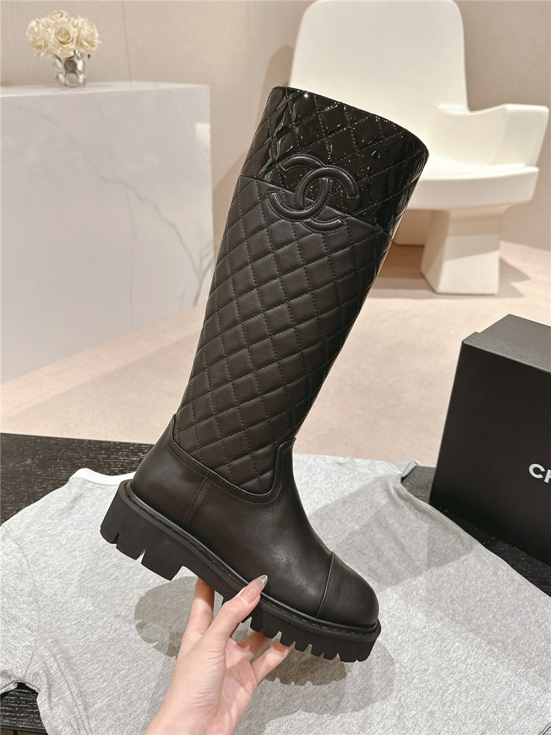 Ch**el logo black quilted knee-high boots