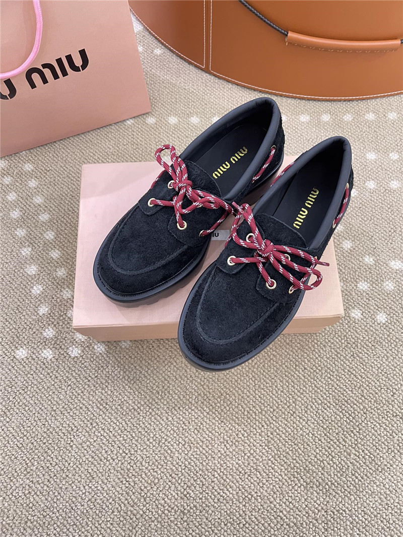 Miu Miu Lace-Up Black Suede Loafers