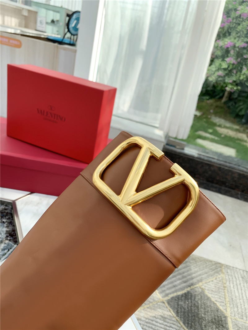 Va1e*ntin0 brown calfskin vlogo knee high boots