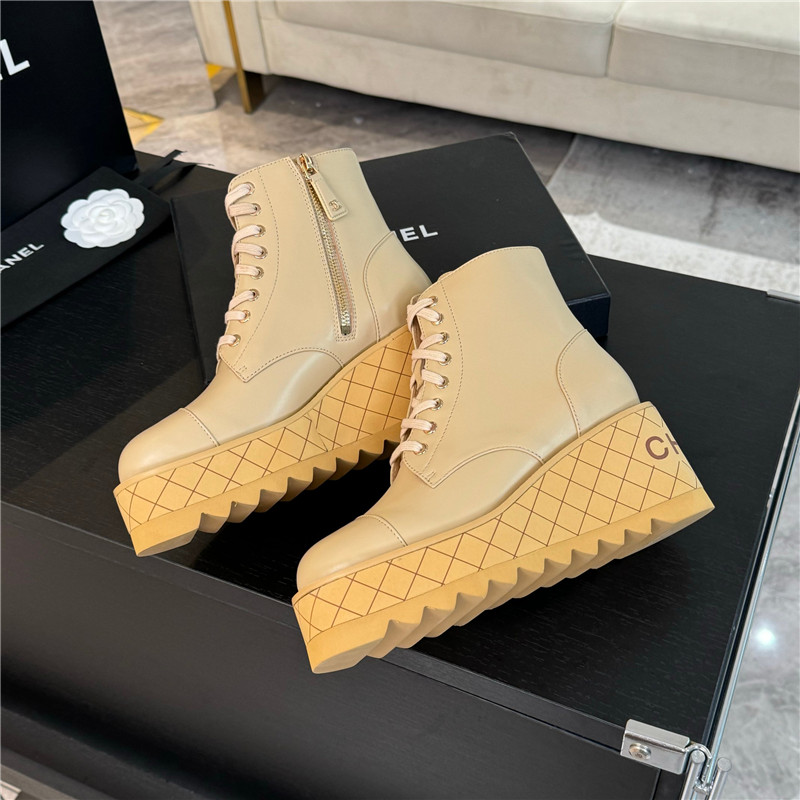 Ch**el lambskin quilted lace-up wedge ankle boots