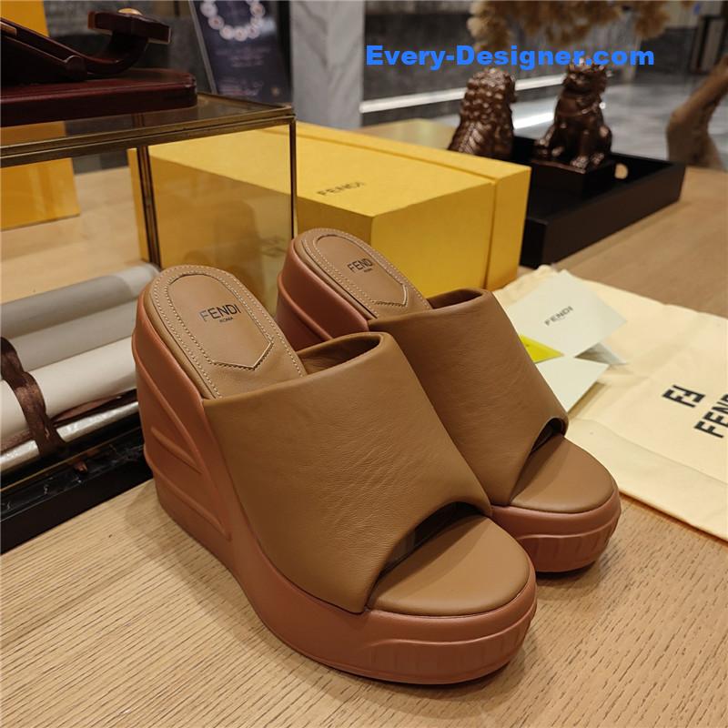 F**di tan leather wedge platform slides