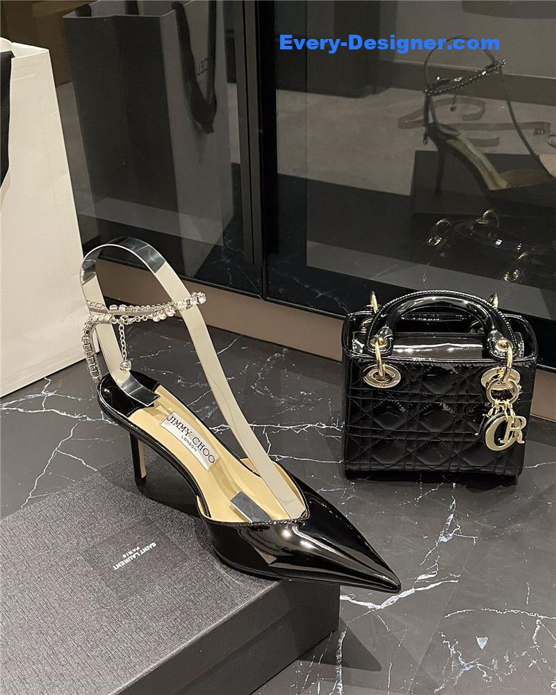 J1m*y Ch00 patent-leather crystal chain pumps