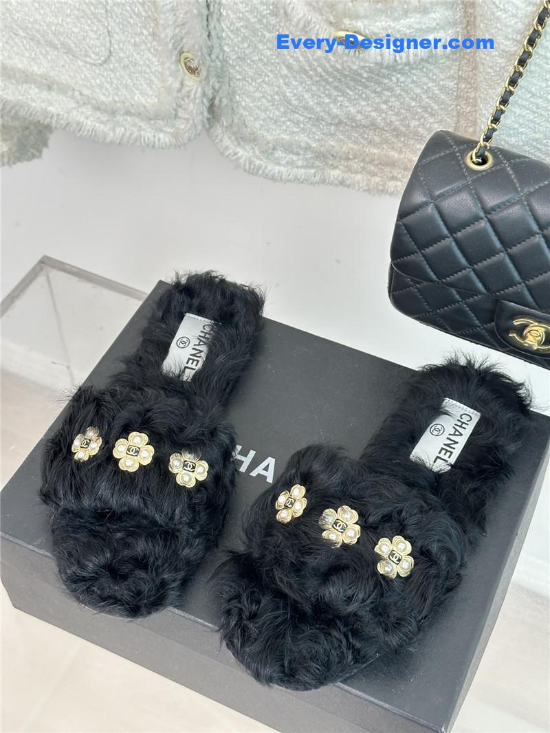 CC new Mier pure wool double C four-leaf clover fur slippers