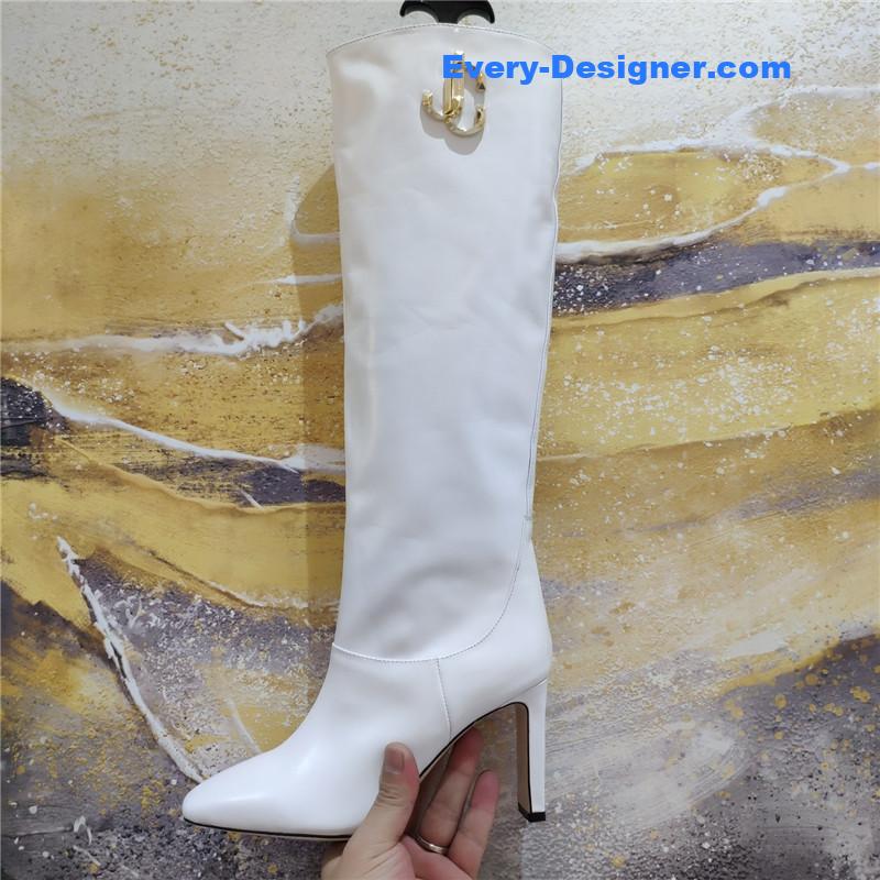 J1m*y Ch00 signature jc buckle chunky heel leather boots