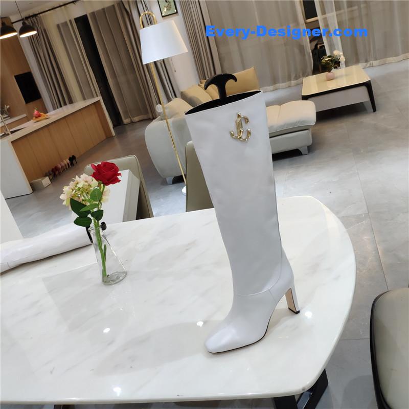 J1m*y Ch00 signature jc buckle chunky heel leather boots