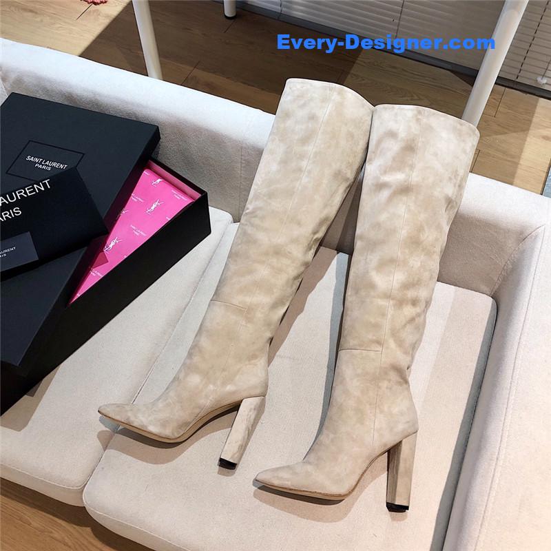 Sa1nt Lau*nt women’s beige suede over-the-knee boots