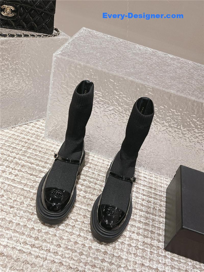 Ch**el front-strap two-tone black ankle boots