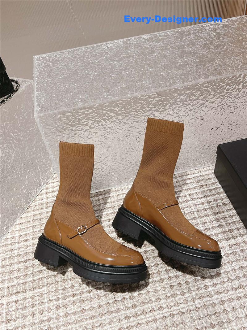 Ch**el front-strap two-tone brown ankle boots