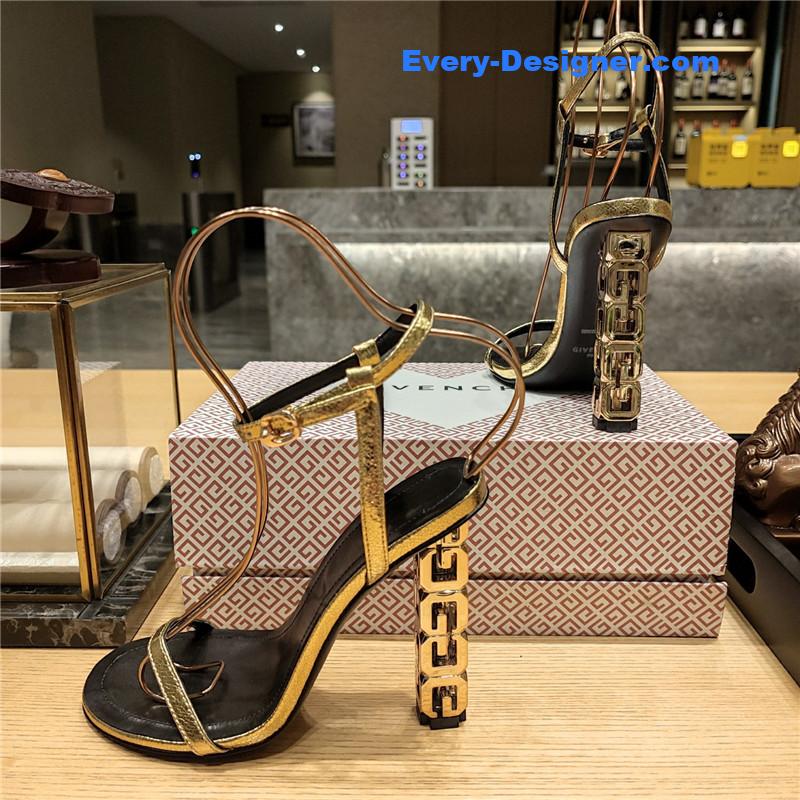 Givenchy G Cube Heeled Sandals Black and Gold Lambskin