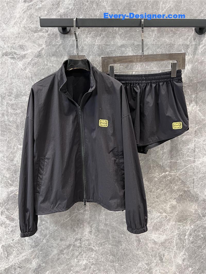 M1um1u zipper jacket + sports shorts set replica clothes