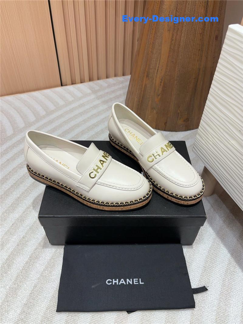 Ch**el metal letter chain trim ivory calfskin loafers
