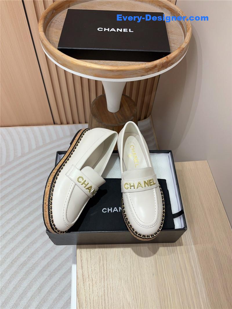 Ch**el metal letter chain trim ivory calfskin loafers