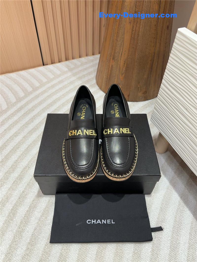 Ch**el metal letter chain trim black calfskin loafers