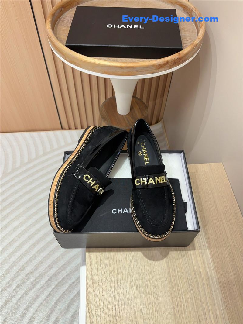 Ch**el metal letter chain trim black suede loafers