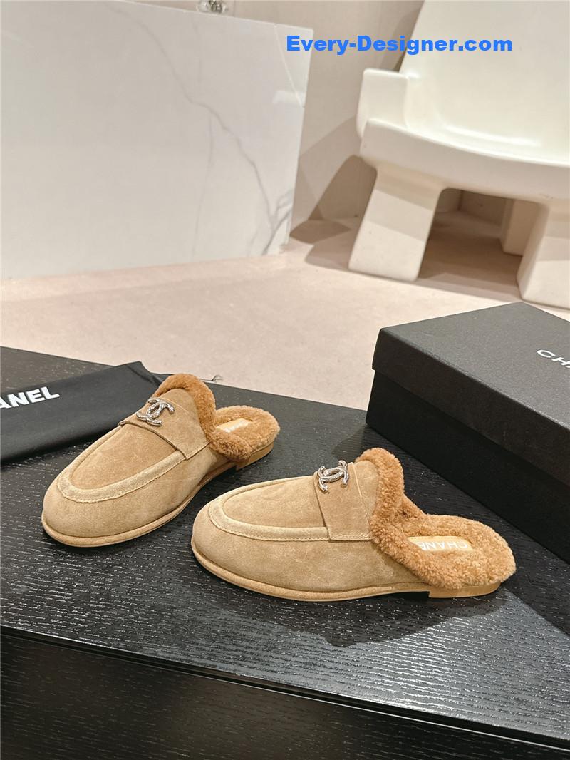 Ch**el calfskin wool mule loafers beige