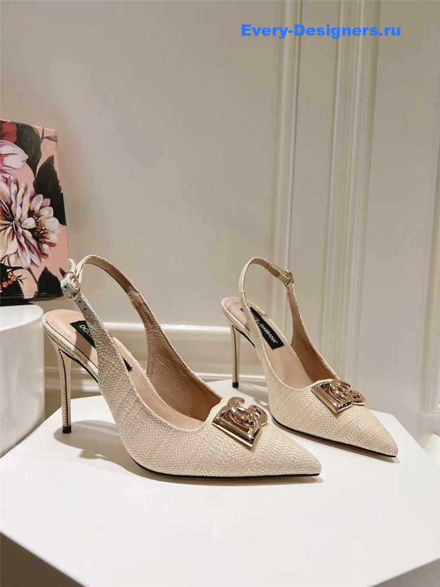 Dolce & Gabbana Neutral Raffia Slingbacks with Logo