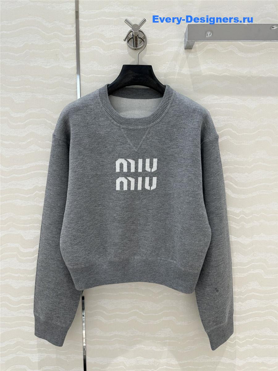 Miu Miu Logo Short Knit Sweater Grey