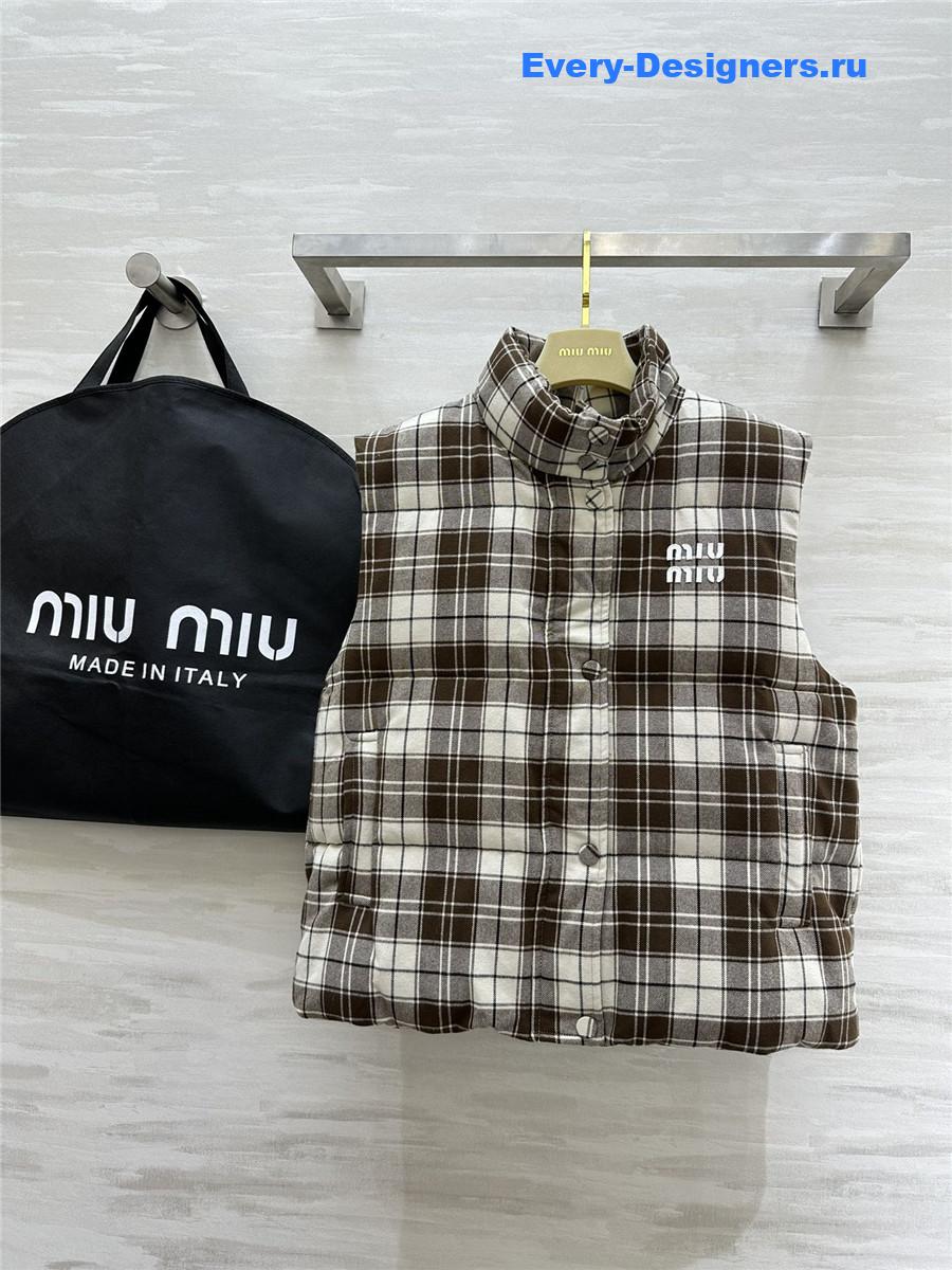 Miu Miu Brown And White Plaid Down Vest