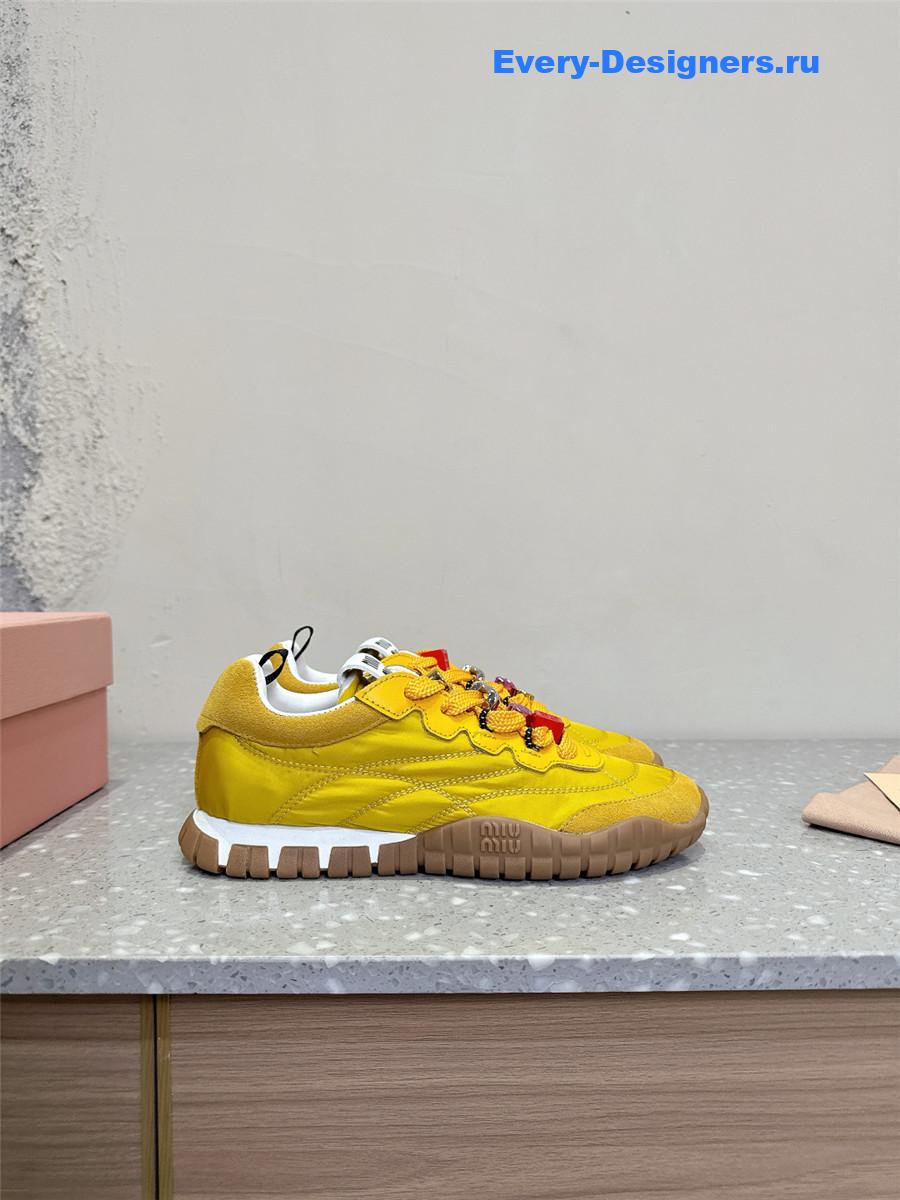 Miu Miu Ivory Tyre Technical Fabric Suede Sneakers Yellow