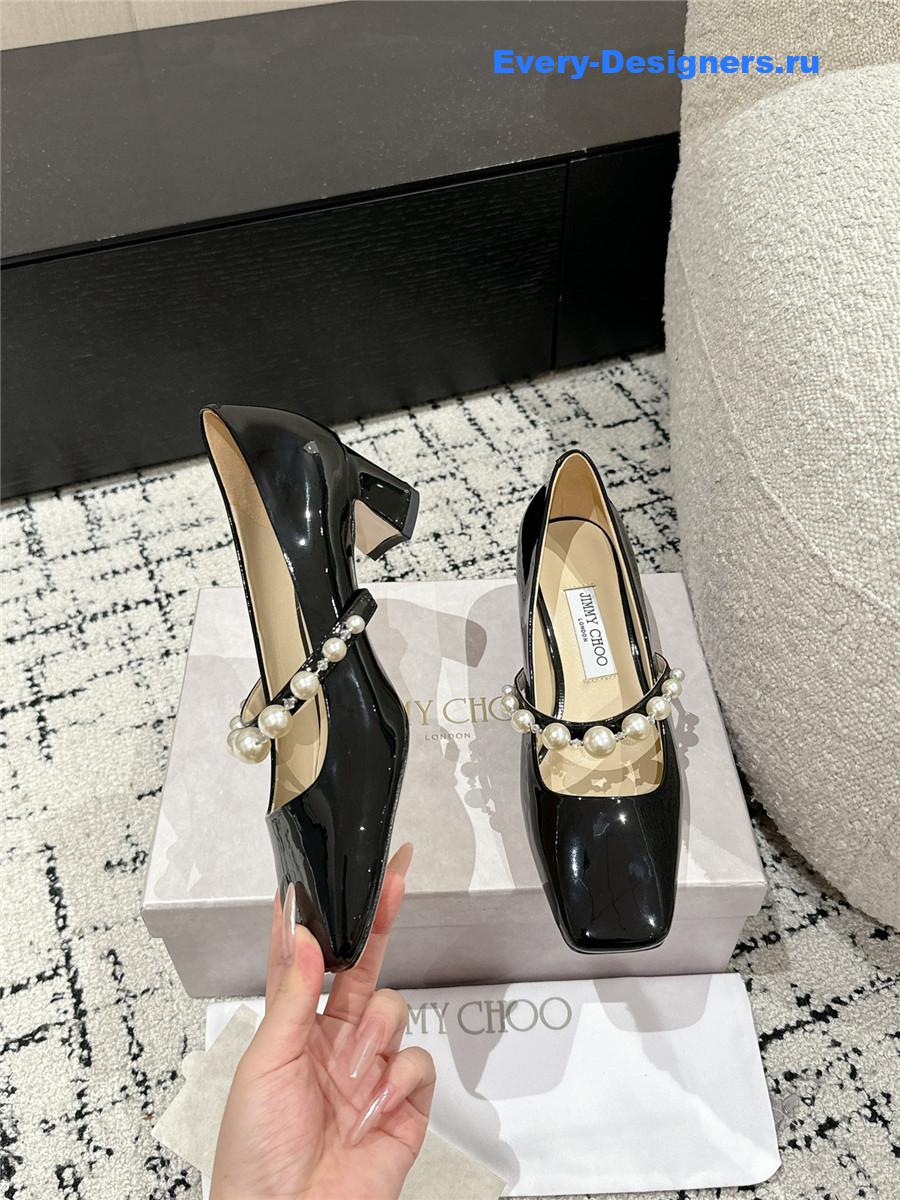 J1m*y Ch00 black patent leather bing pump flat