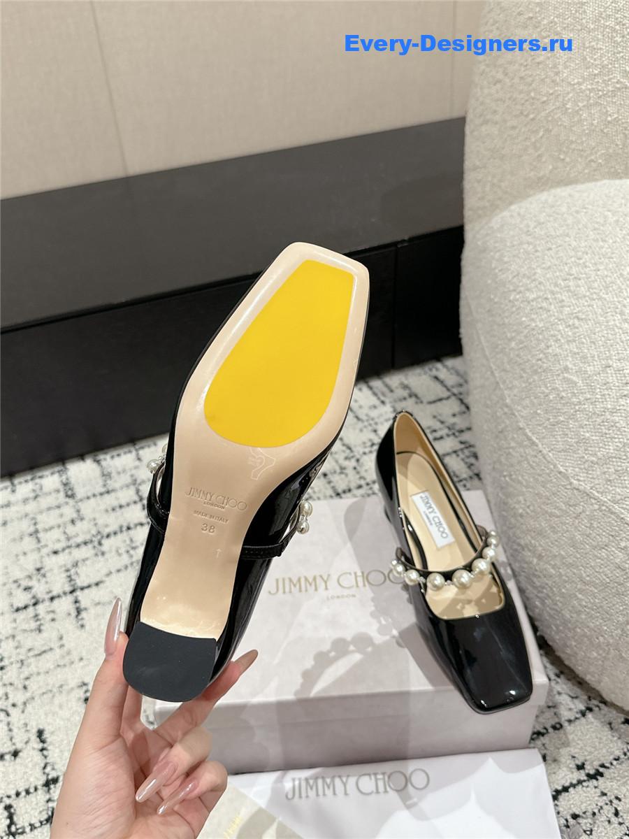 J1m*y Ch00 black patent leather bing pump flat
