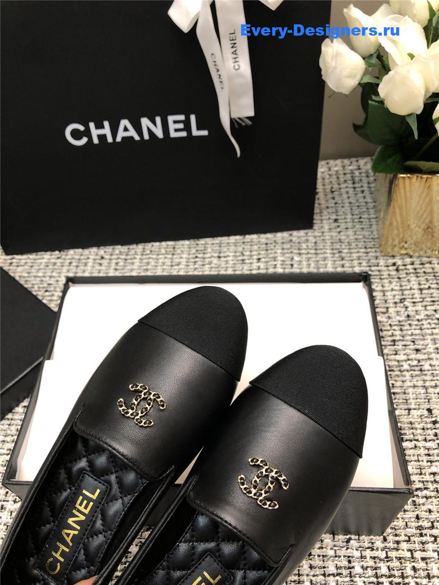 Ch**el black silk lambskin cc logo flat loafers