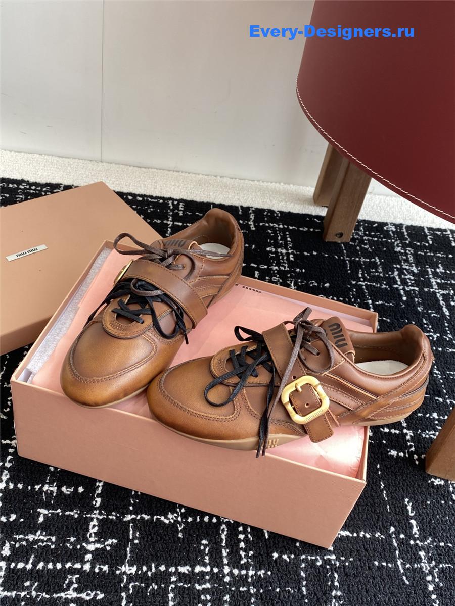 Miu Miu Brown Leather Buckle Detail Low-Top Sneakers