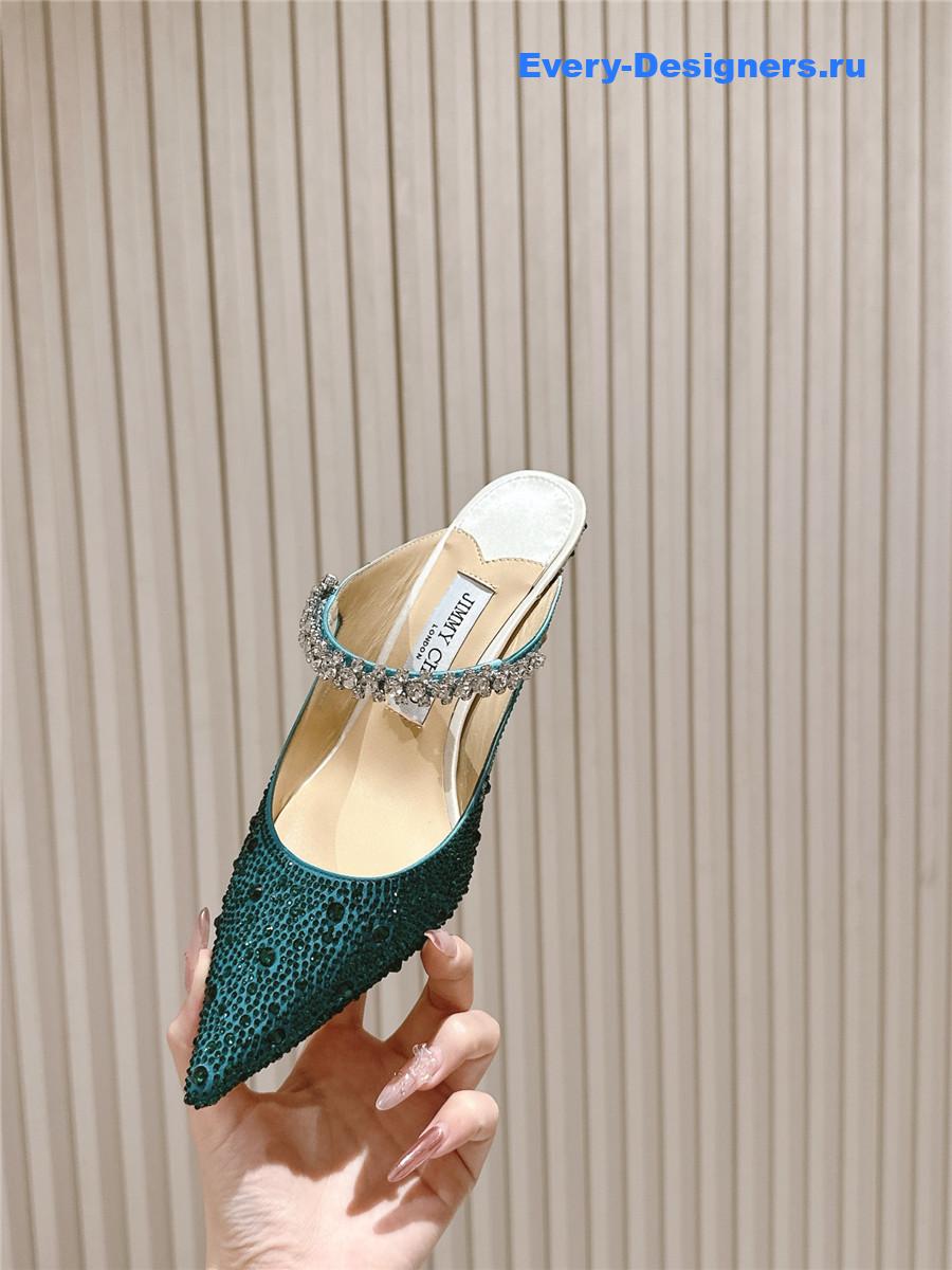 J1m*y Ch00 green glitter mules
