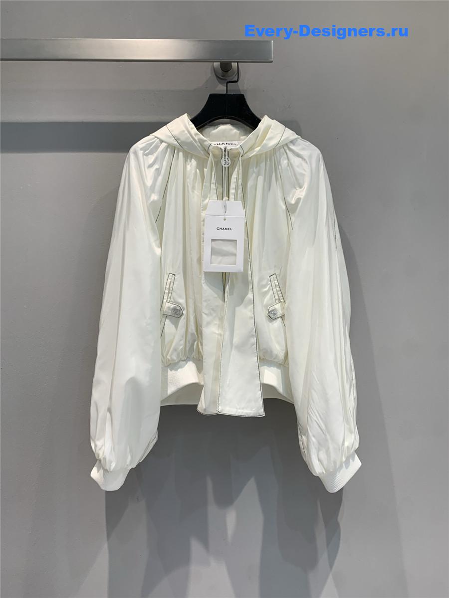 Ch**el cream white ribbon hooded jacket