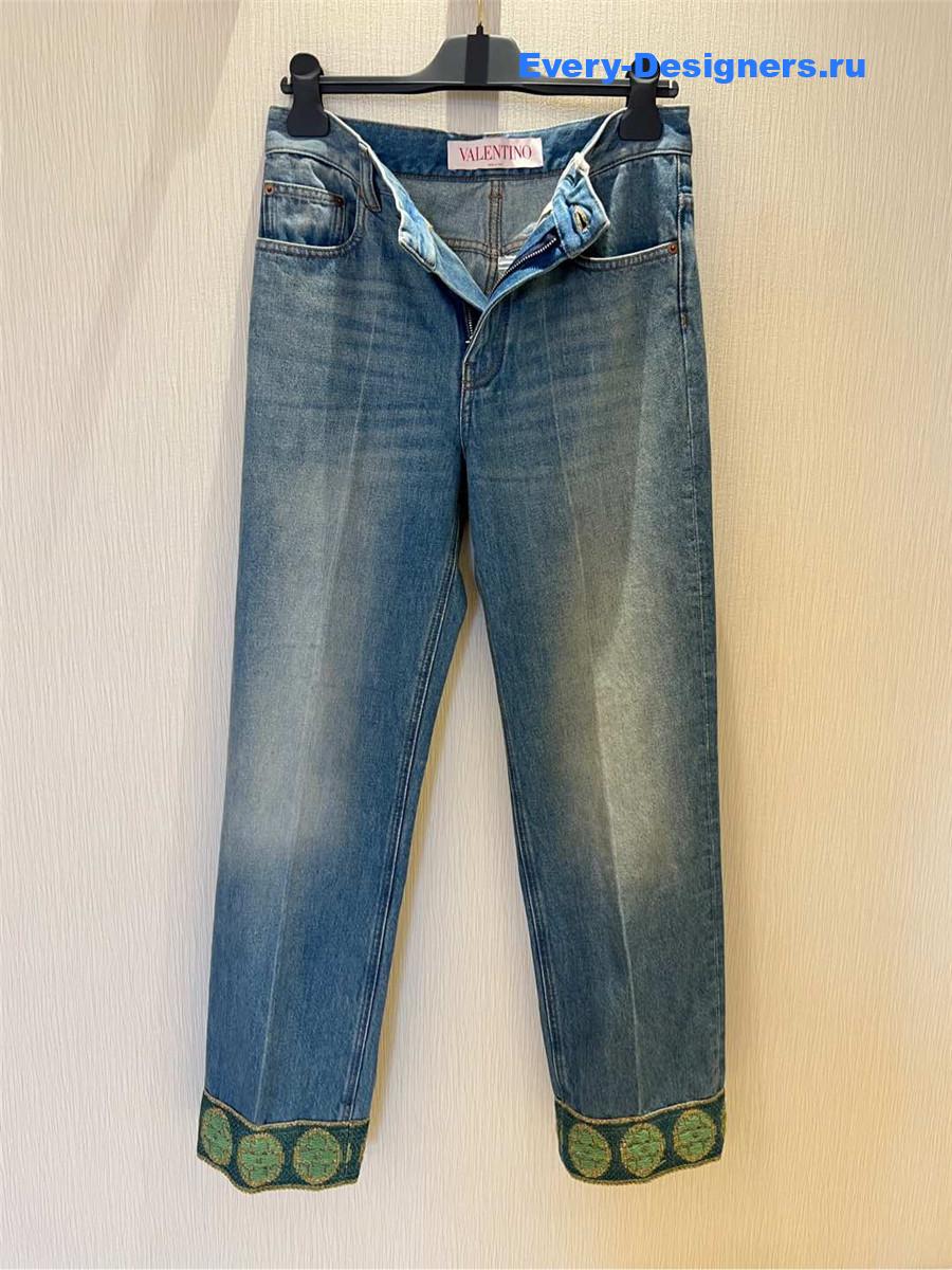 Va1e*ntin0 jacquard-trimmed wide-leg jeans
